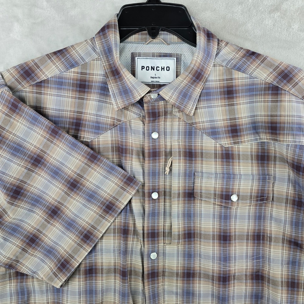 PONCHO Shirt Mens Large Brown Blue Plaid Western Snap Short Sleeve Regular Fit